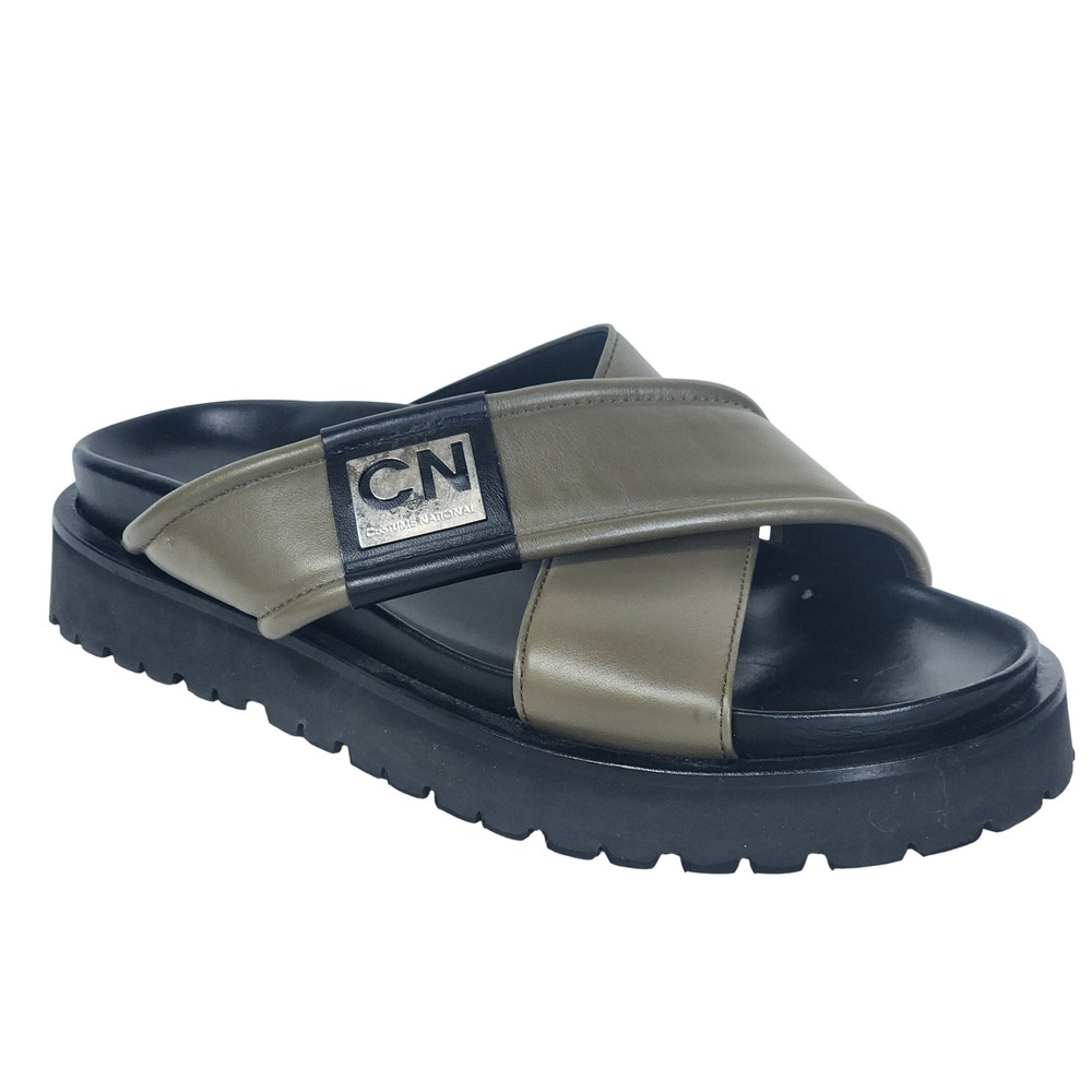 Costume National Leather Crisscross Platform Slide Sandals Olive Green Size 41.5